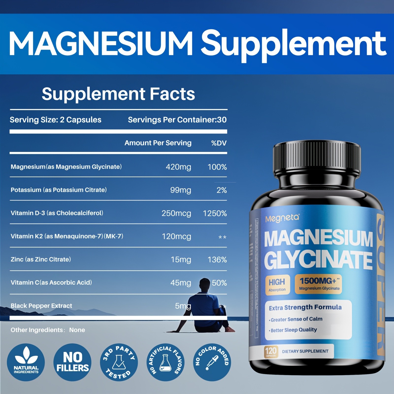 Megneta Magnesium Glycinate Capsules with B6 & D3, 60ct