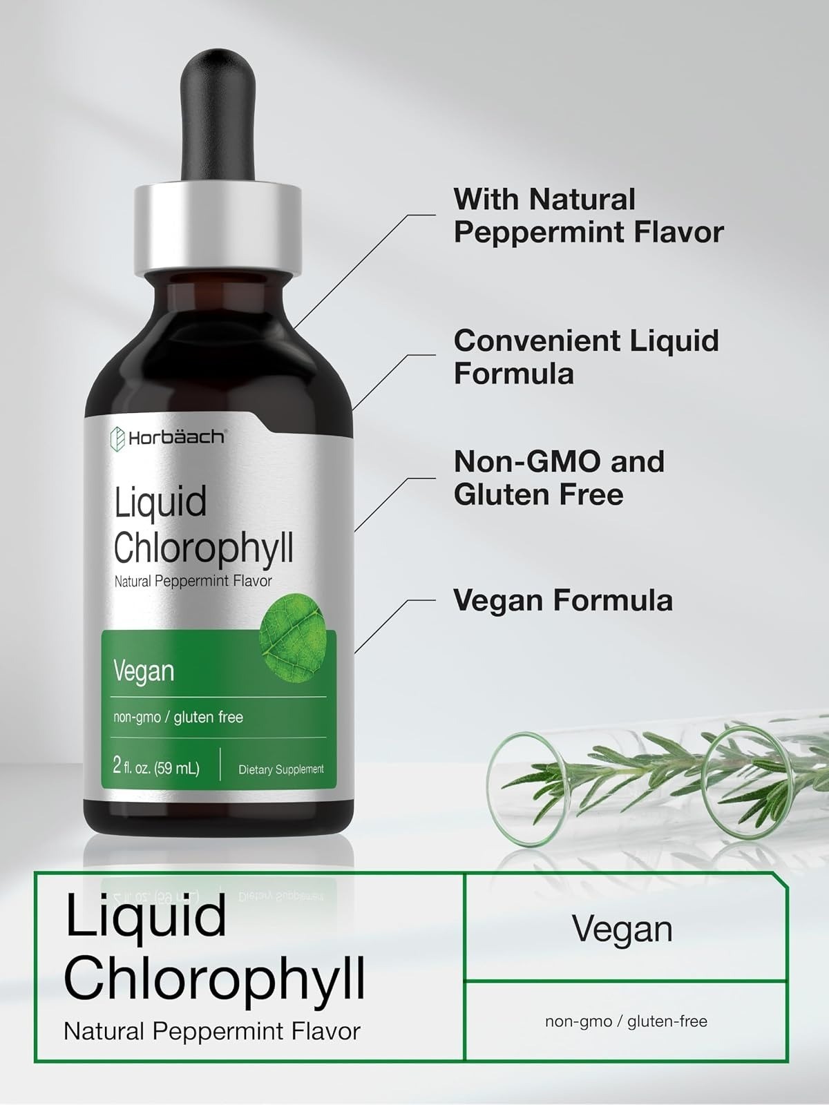Horbäach Liquid Chlorophyll Drops 2 fl oz Peppermint Vegan Non-GMO