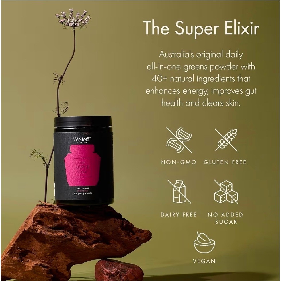WelleCo The Super Elixir Daily Greens Powder Mixed Berry 10.5oz 300g Exp 04/2027