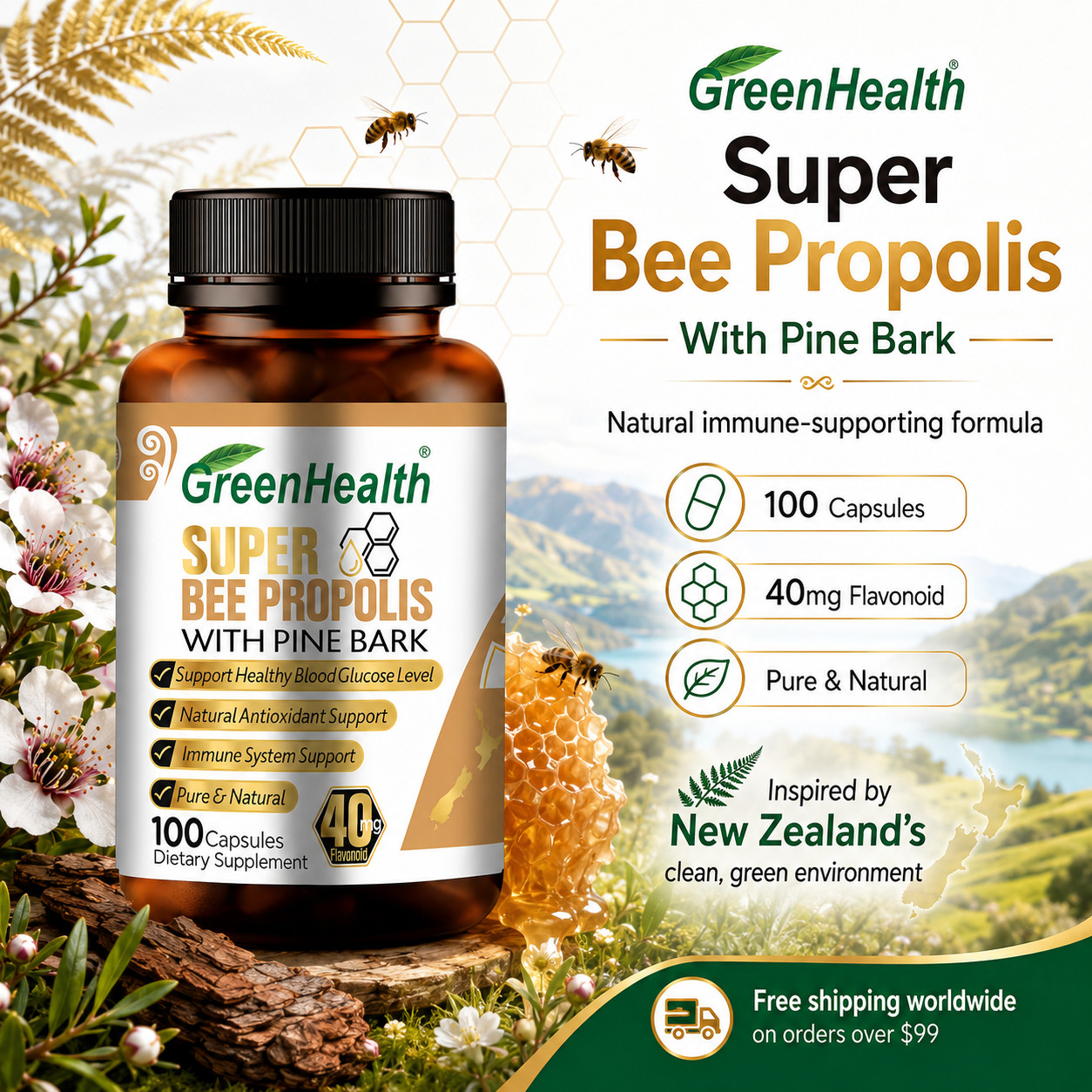 New Zealand Bee Propolis 2600mg x 100 Capsules