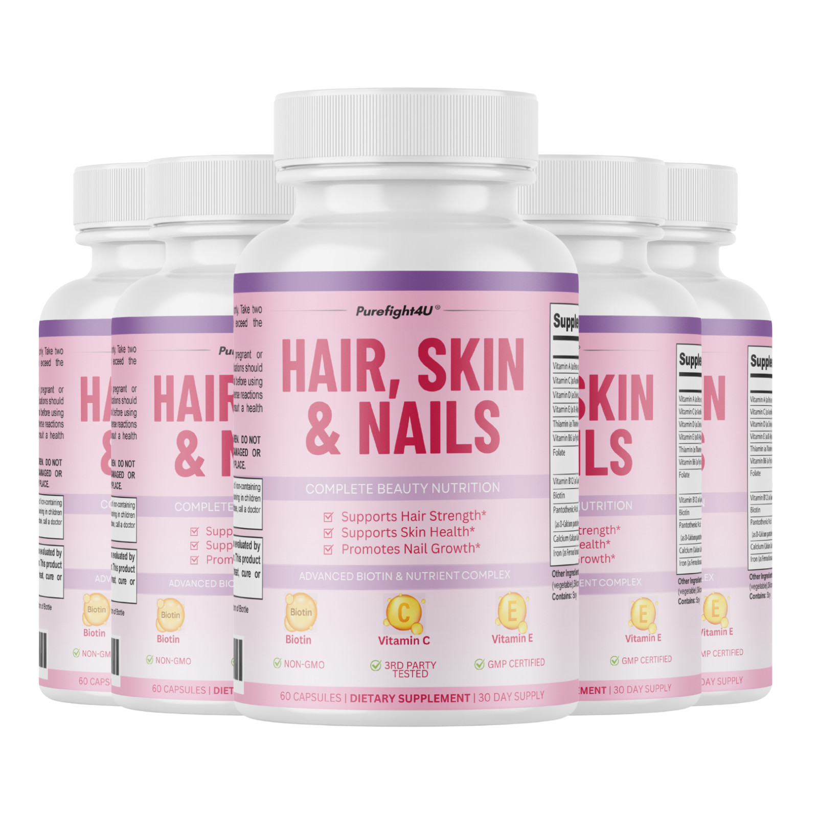 Purefight4u Hair, Skin & Nails Supports Healthy Hair Growth wBiotin – 5 Bottles