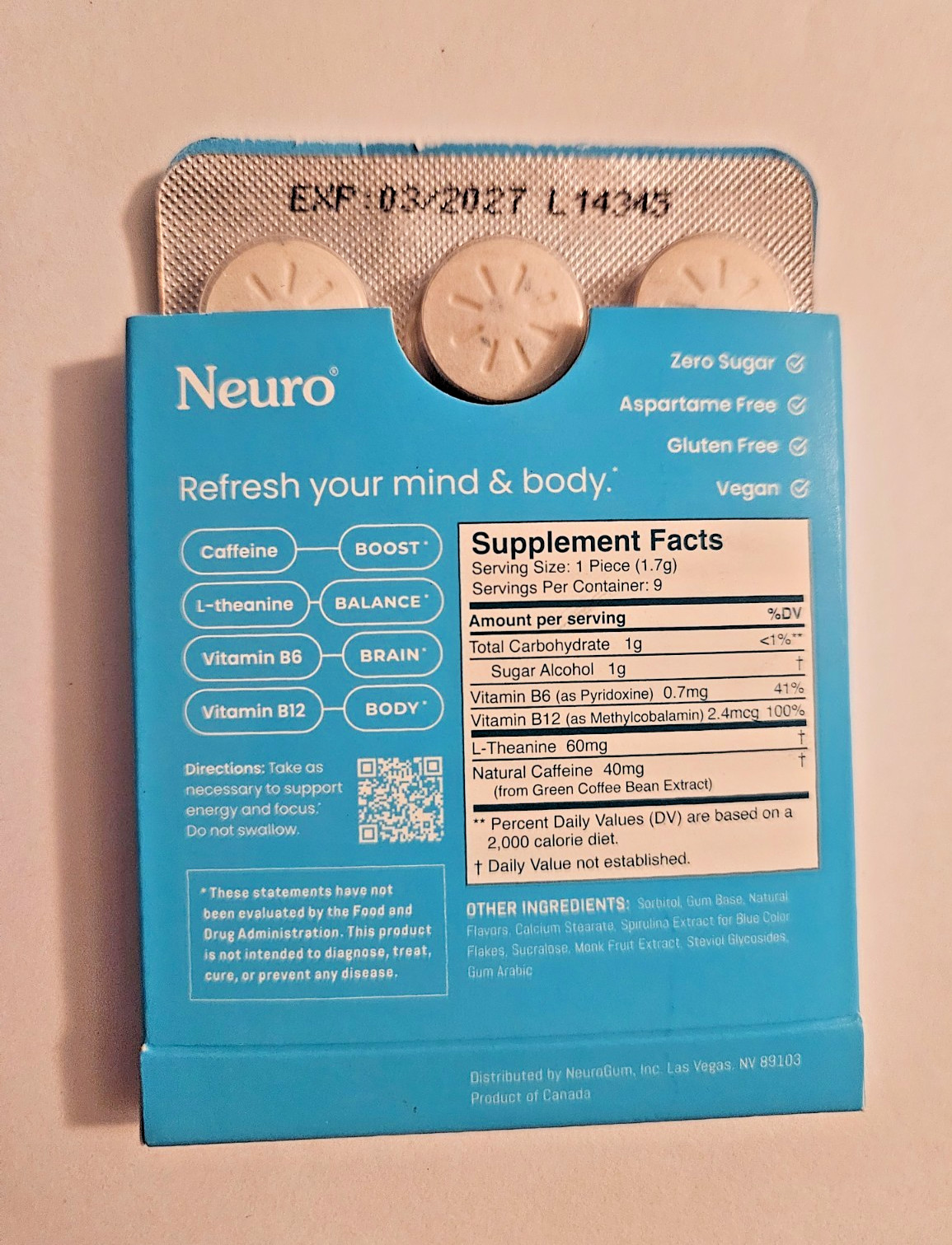 3 PACKS NEURO Gum Mint L-theanine B-12 Caffeine Boost Energy & Focus 27 pc NEW!