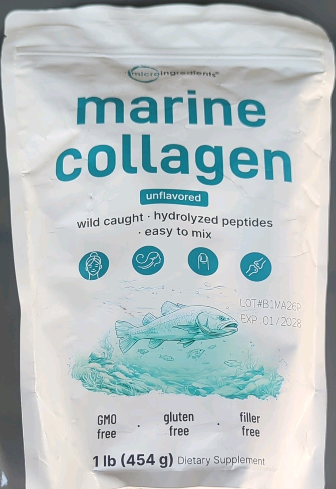 Micro Ingredients Marine Collagen Peptides Powder Unflavored 1 lb Exp 01/2028