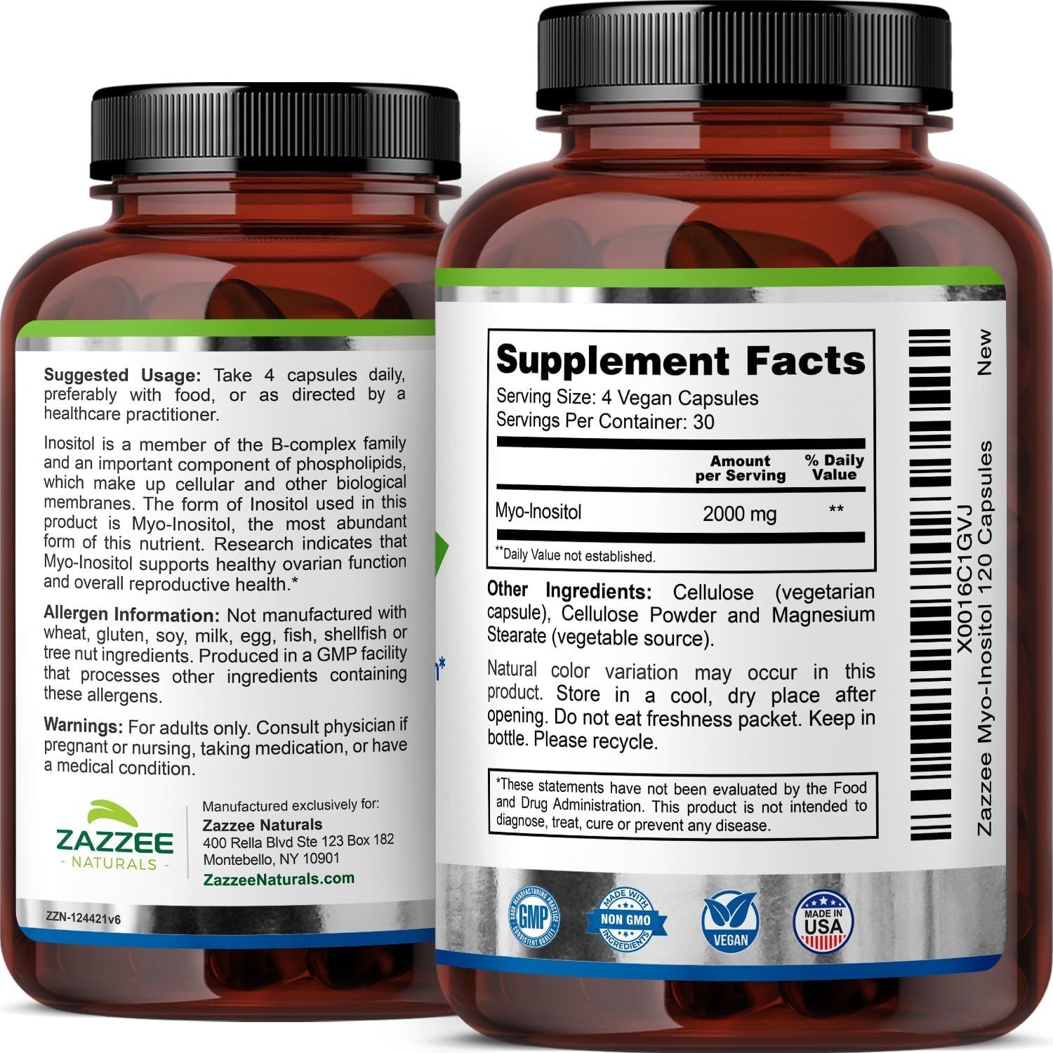 ZAZZEE Myo-Inositol Reproductive Health 2000 mg 120 Capsules EXP 05/2027