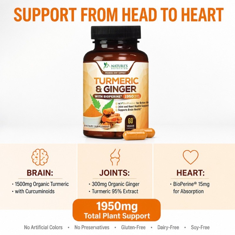 Turmeric & Ginger 1950mg 60/120 Caps Supports Joint, Brain & Heart Health