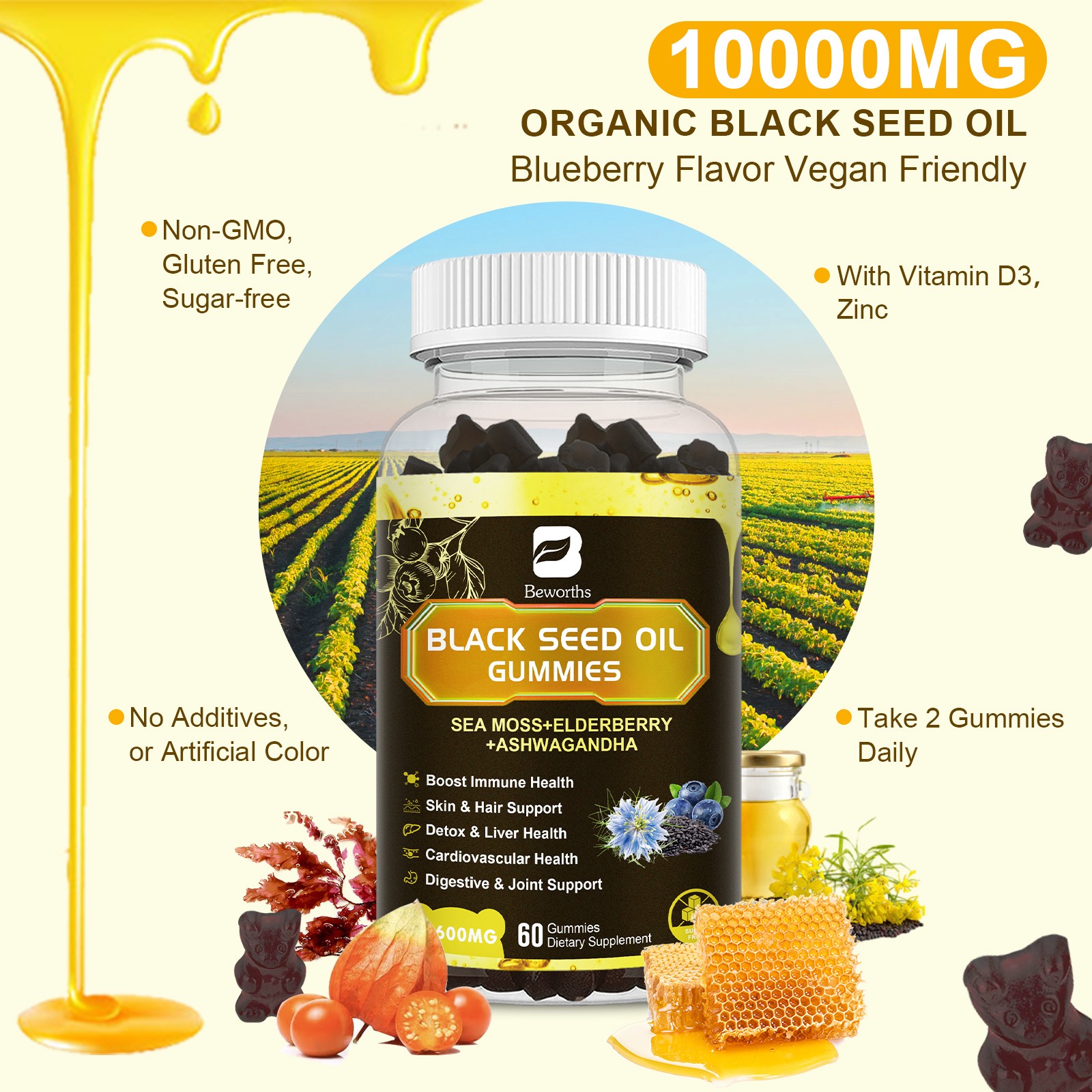 10 in 1 Organic Sea Moss Gummies Irishmoss Extract 1000MG w/Black Seed Oil