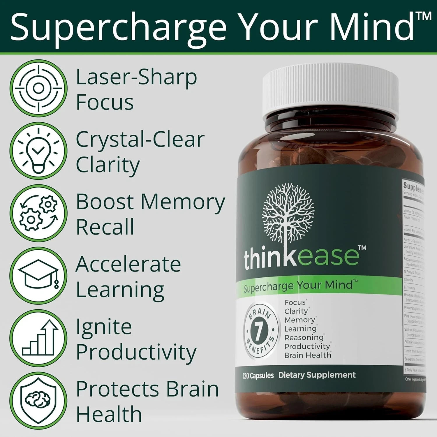 ThinkEase Brain Supplement 120 Capsules | Memory Clarity, Focus, Performance…