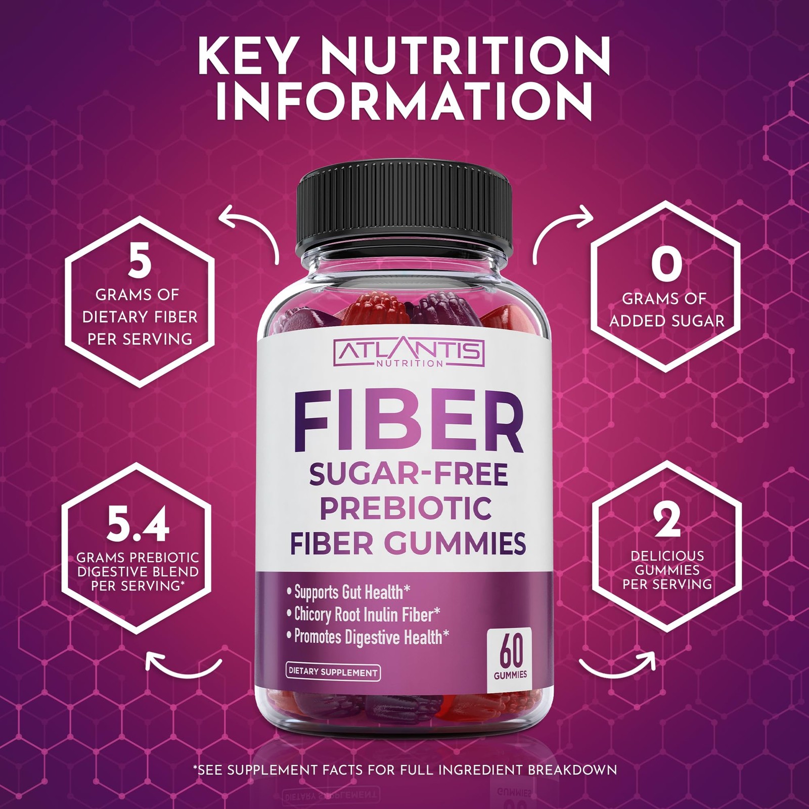 Atlantis Nutrition Sugar Free Fiber Gummies for Adults – 60 Count (Pack of 2)