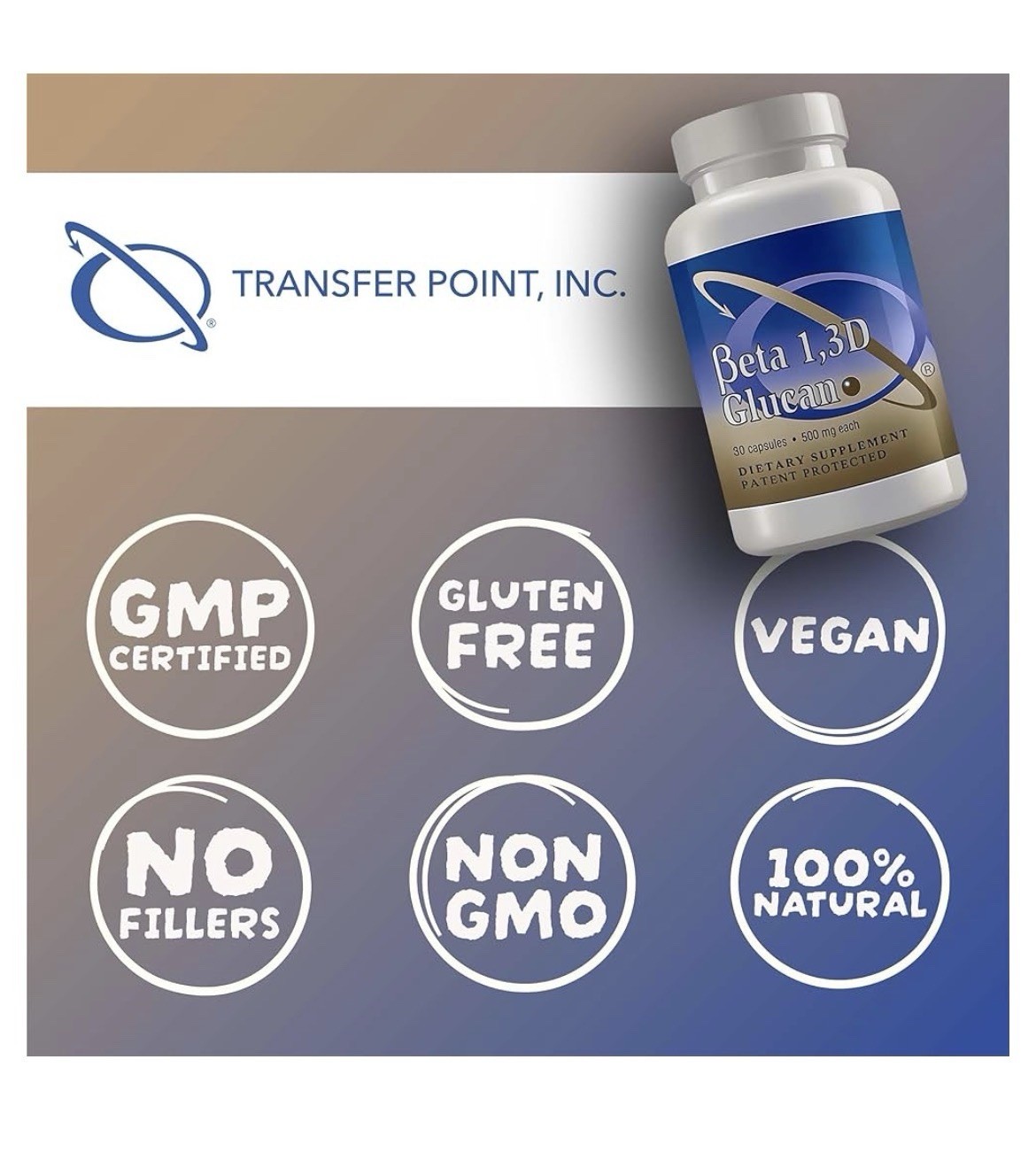 Transfer Point Beta 1,3D Glucan Immune Support 500 mg Dietary Supplement 30 Caps