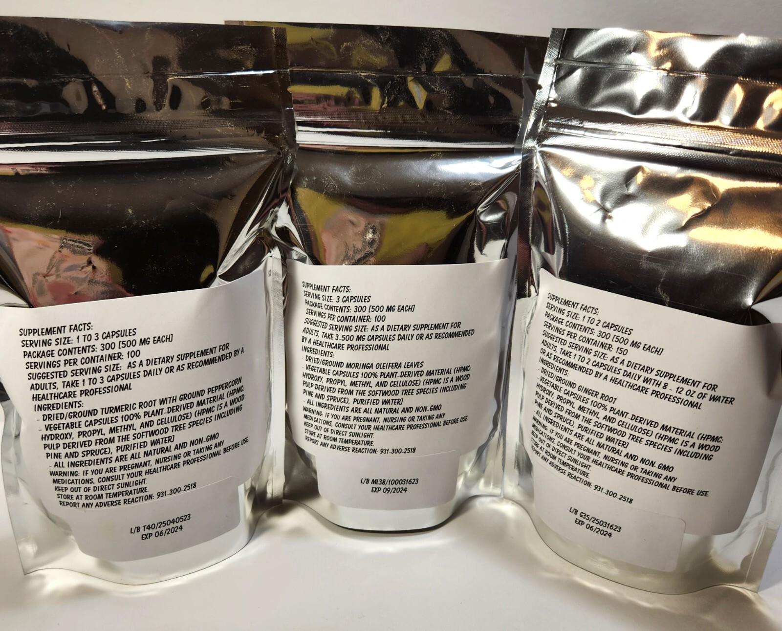 Turmeric Peppercorn, Ginger Root & Moringa Leaf Capsule Triple Value Pk 300 ea!