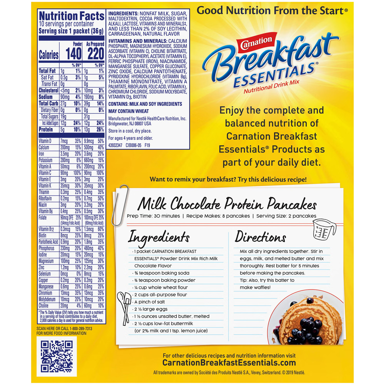 Nestle Carnation Breakfast Essentials Complete Nutritional Drink Chocolate 10 Ct
