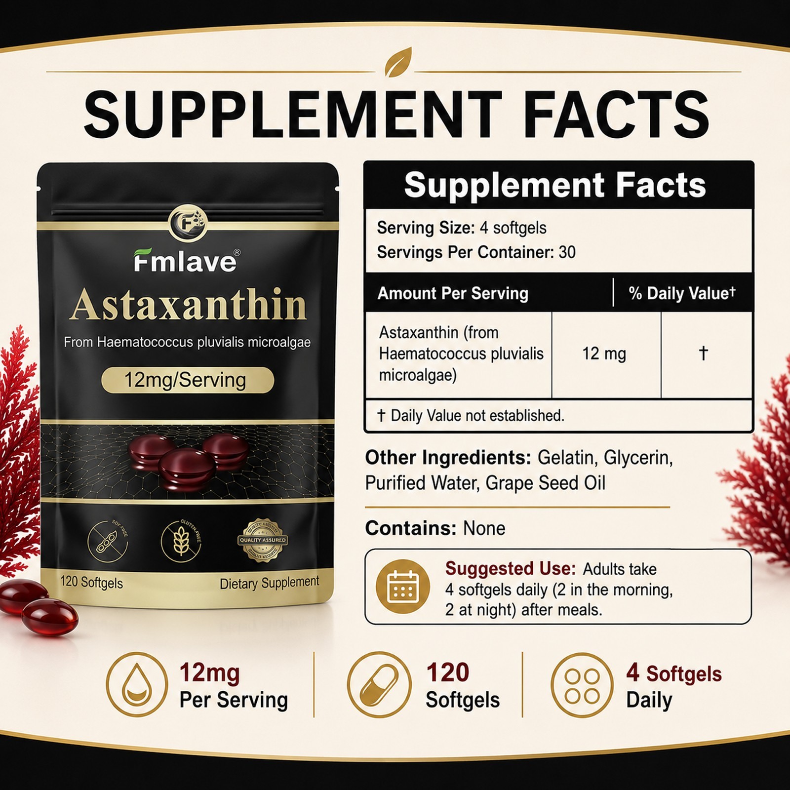 Astaxanthin 12mg 120gels Fresh Microalgae Source Antioxidant/Skin/Eye/Joint
