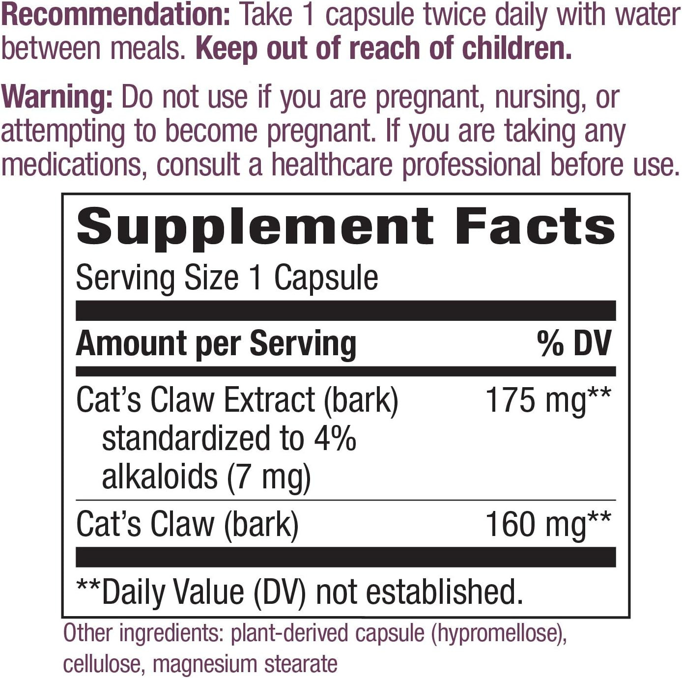 Nature’s Way Standardized Cat’s Claw Extract, 175 Mg per Serving, 60 Capsules