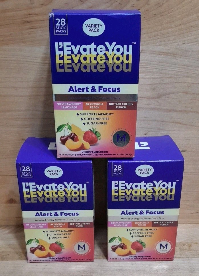 3 BOXES LOT L’Evate You Levate You Alert & Focus 28 Stick Pack Flavors LIMITED!!