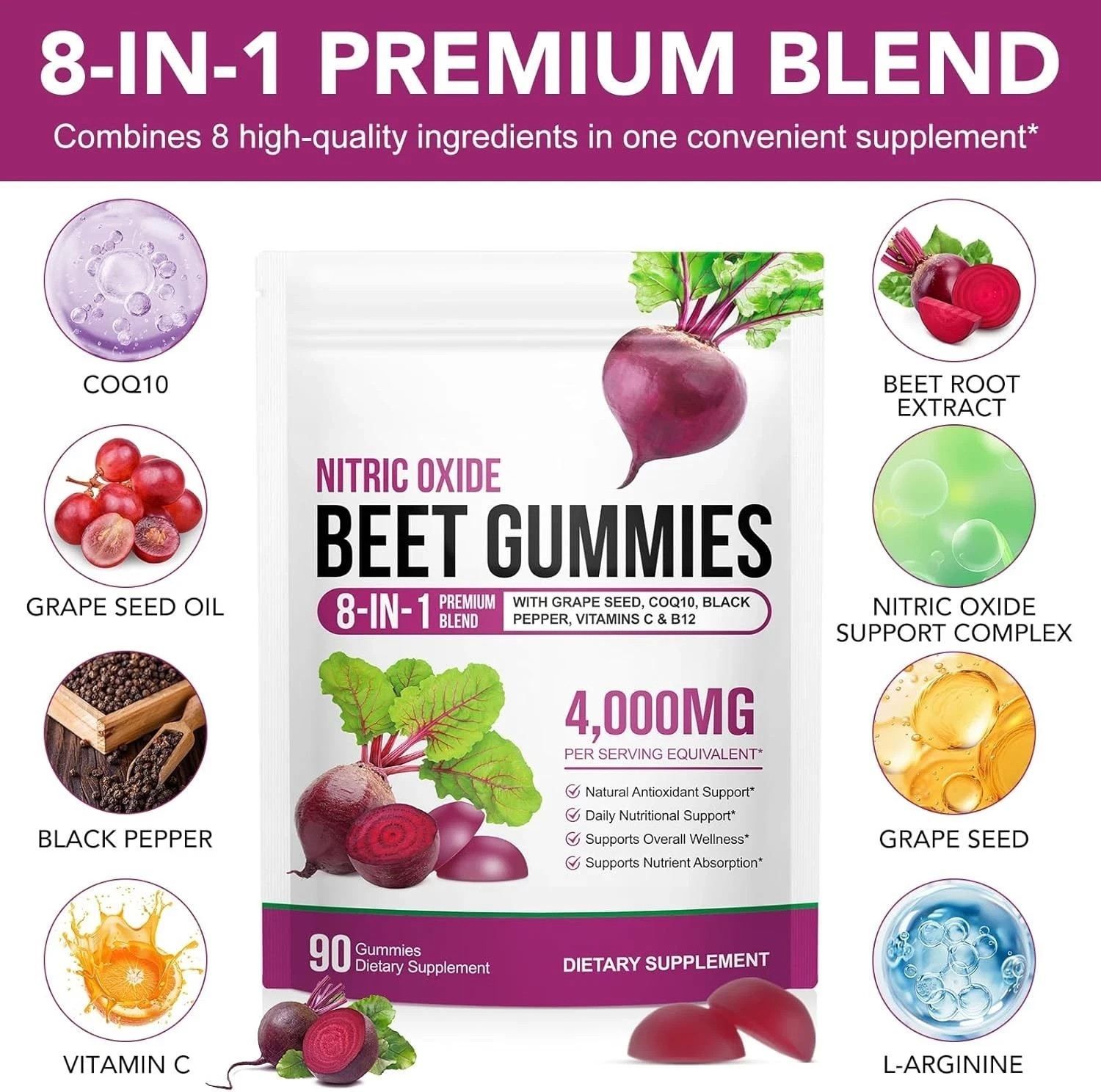 Beet Root Gummies ~ 90 Heart Health Chews for Blood Pressure Support Supplement