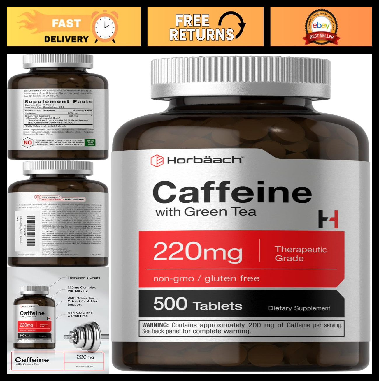 Caffeine Pills 220mg with Green Tea Extract | 500 Tablets | Vegetarian, Non-GMO,