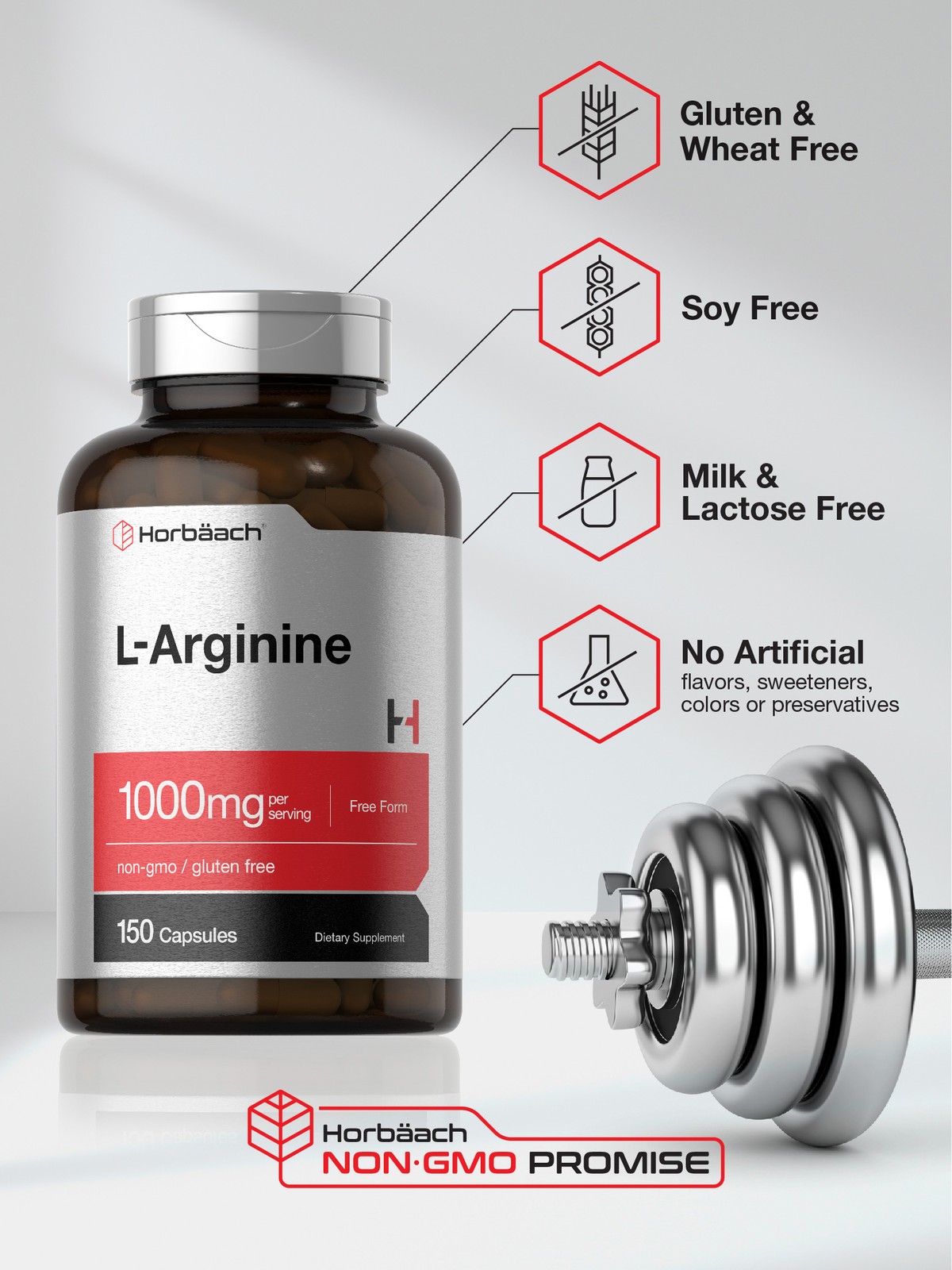 L Arginine 1000mg Capsules | 150 Count | Free Form | Non-GMO | by Horbaach