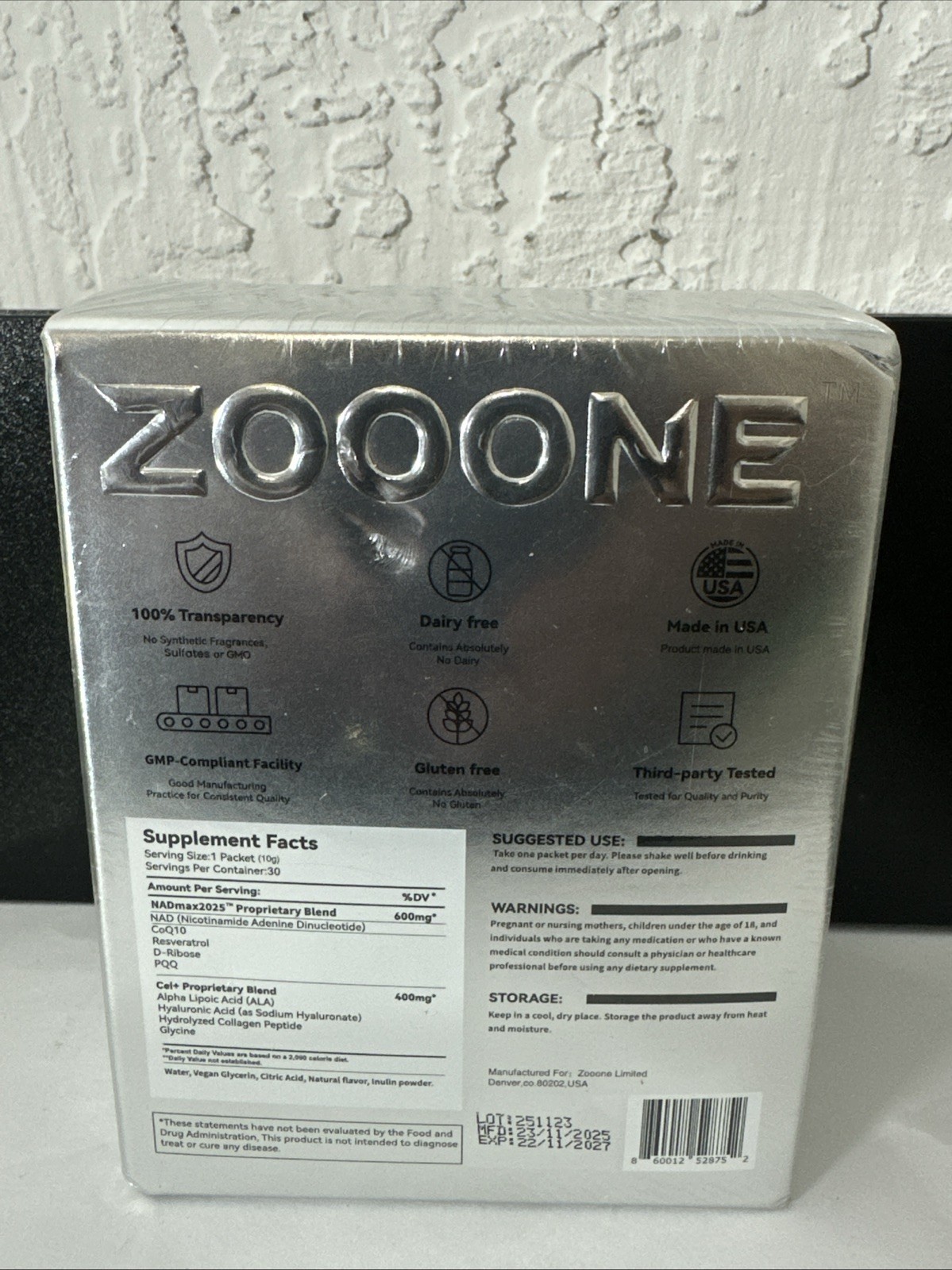ZOOONE NAD+ Drink Mix for Skin Aging Support, 1000mg 30 Pack, Exp: 11/22/27 NEW