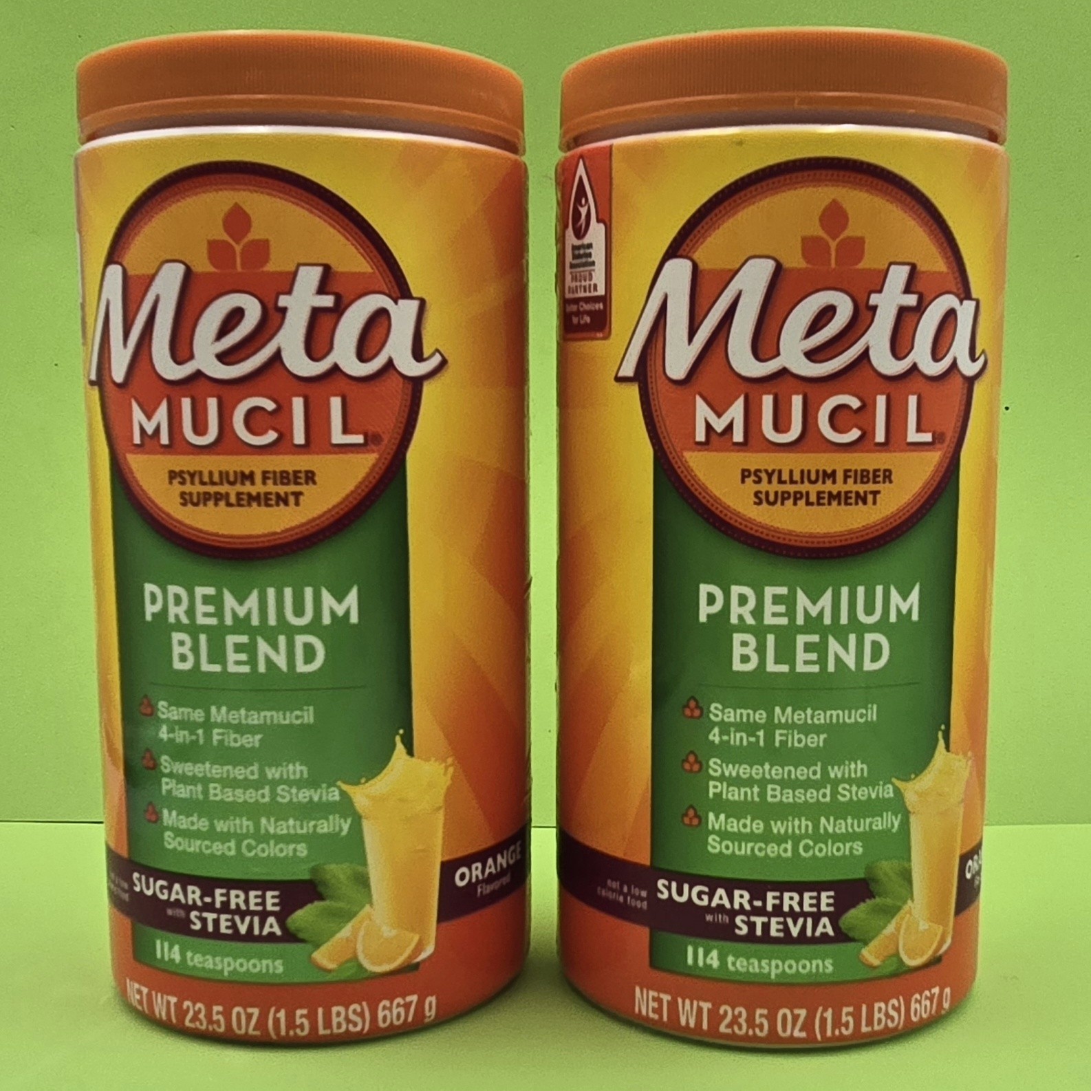 TWO Metamucil Premiun Blend Psyllium Fiber Supplement Orange Sugar-Free 23.5oz