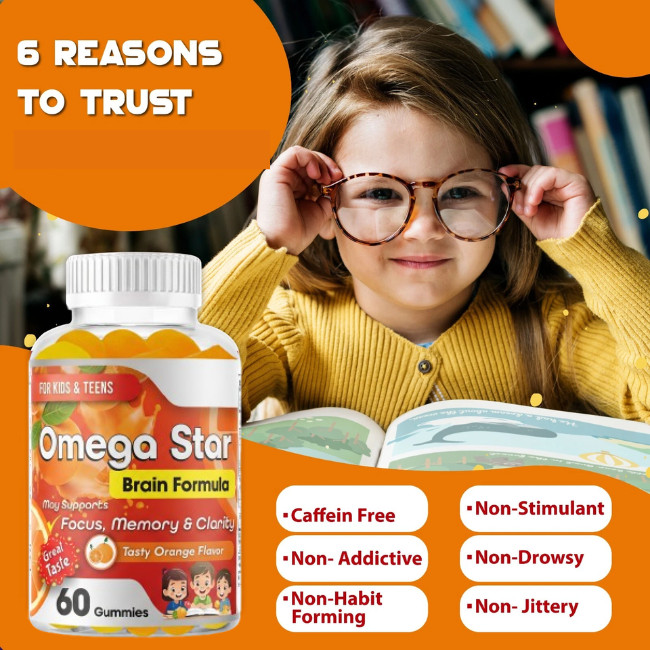 Kids Brain Focus Gummies, Brain Booster Supplement For Kids Omega 3 6 9-10/12/25