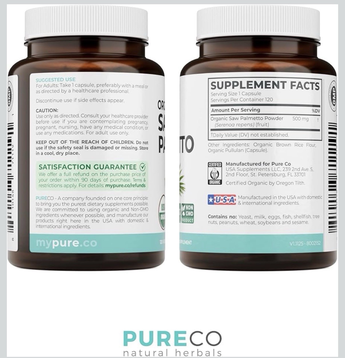 PURE CO USDA Organic Saw Palmetto – Urinary Tract – Whole Berries – 120 Capsules
