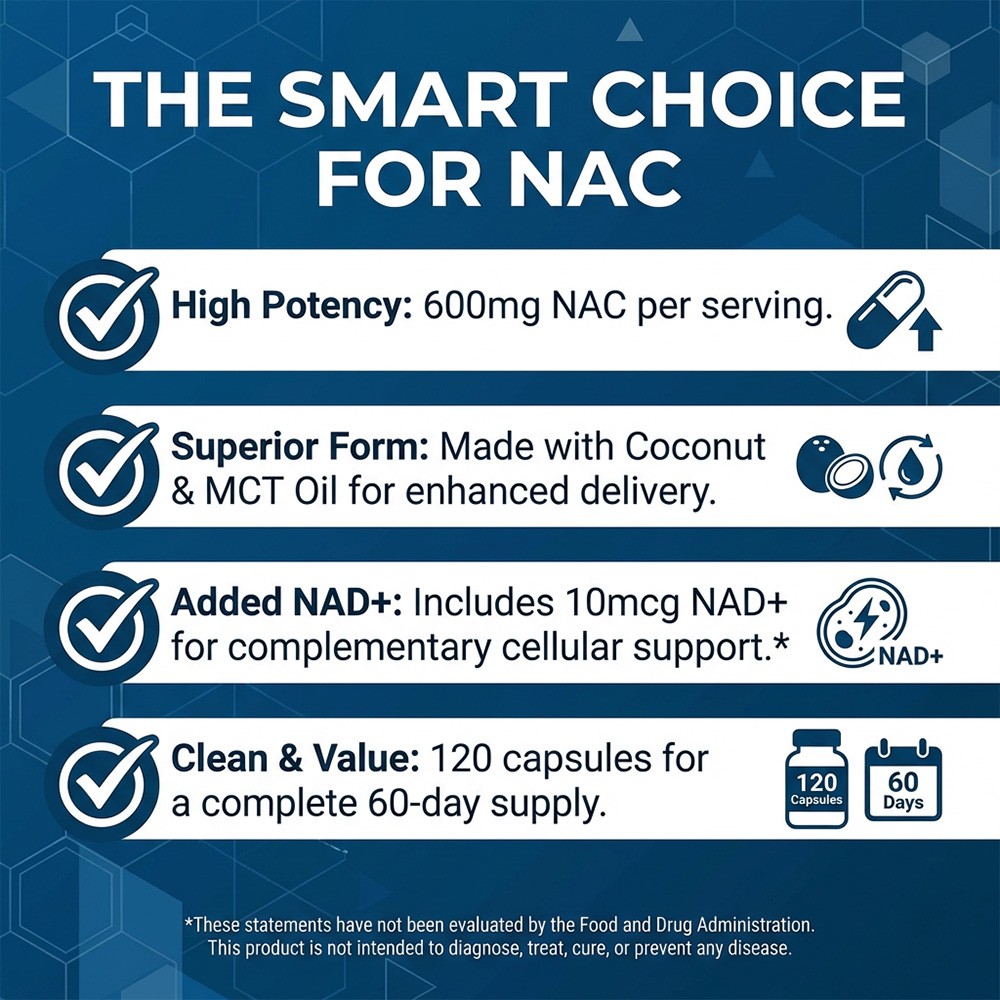 NAC 600mg with MCT Oil-Enhanced Absorption Liver,Immune&Skin Health 30~120Caps