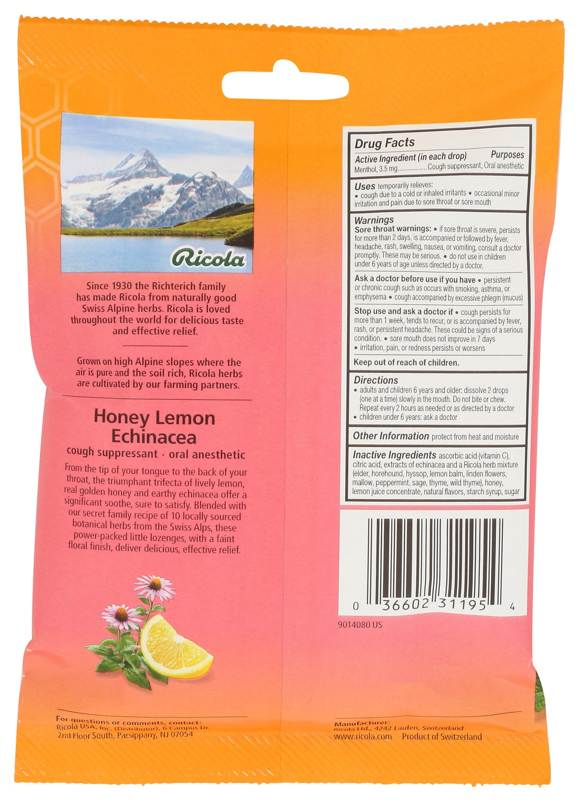 Ricola Honey Lemon Echinacea Cough Relief Lozenges 19 Wrapped Drops Ct 8 Pack