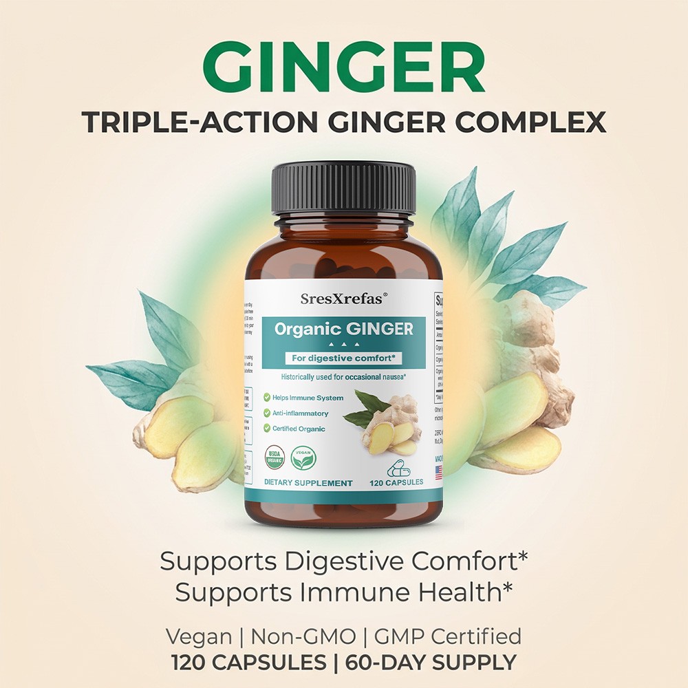 Organic Ginger Complex 820mg For Digestive,Stomach Comfort & Immune, 30~120 Caps