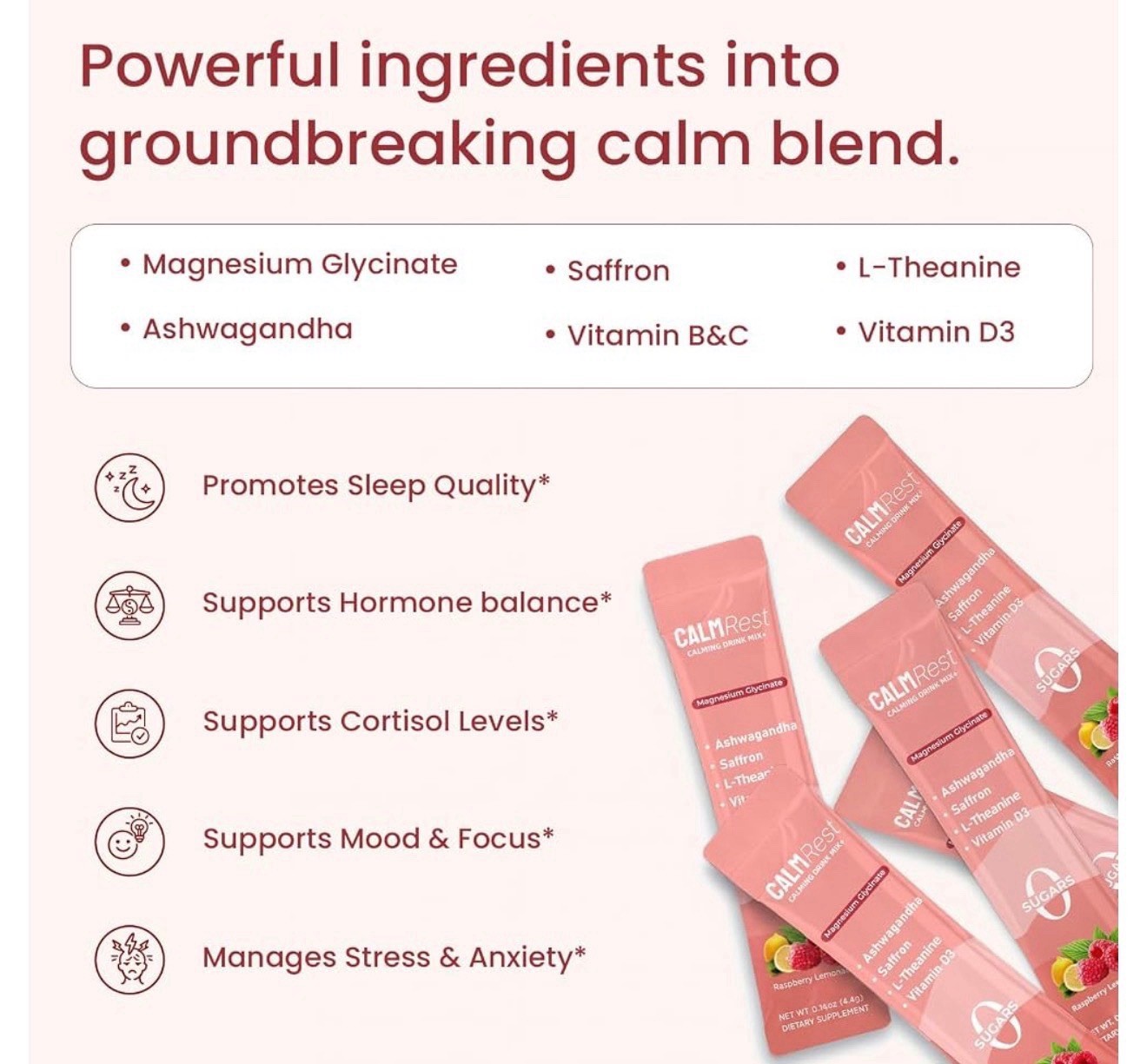 CalmRest Magnesium Glycinate Calming Drink Mix Raspberry Lemonade 15 Packets