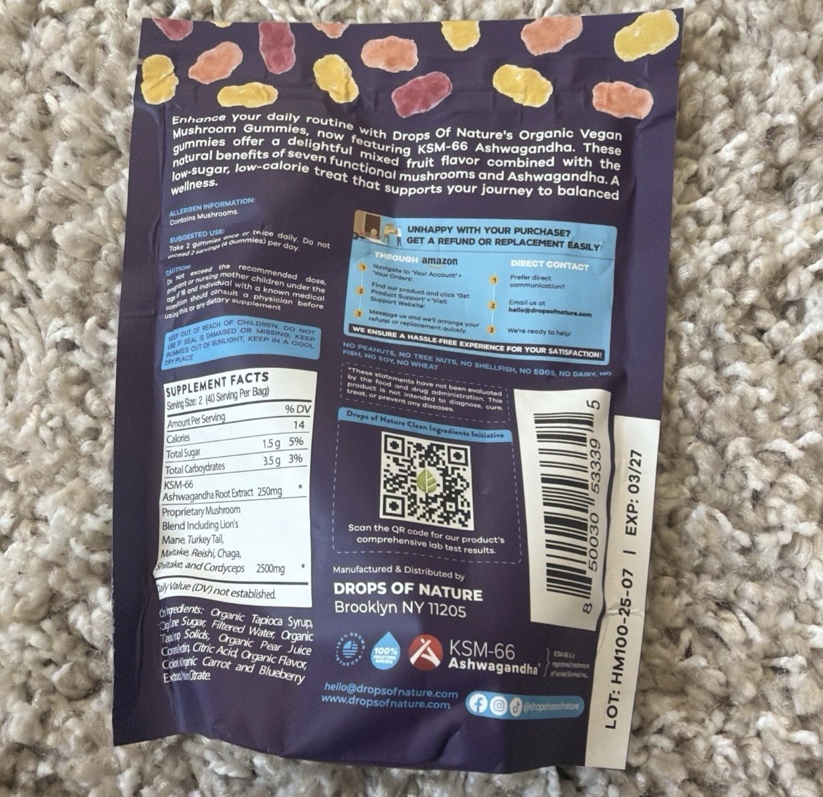 Drops of Nature Mushroom Gummies 80ct KSM-66 Ashwagandha Organic Vegan