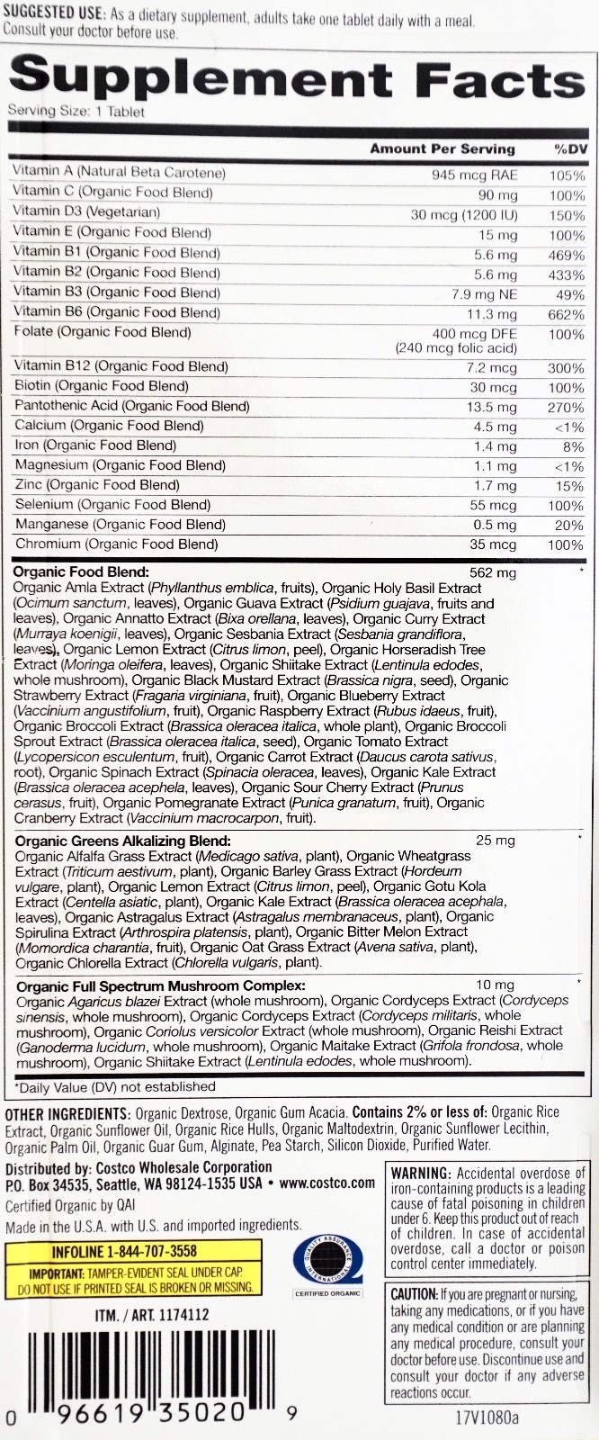 Kirkland Signature Organic Multivitamins Whole-Food Sourced Tablets
