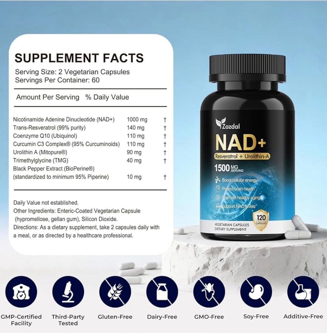 Zozdal NAD+ Supplement 1500mg – 7-in-1 Liposomal 120 Count (Pack of 1), Blue