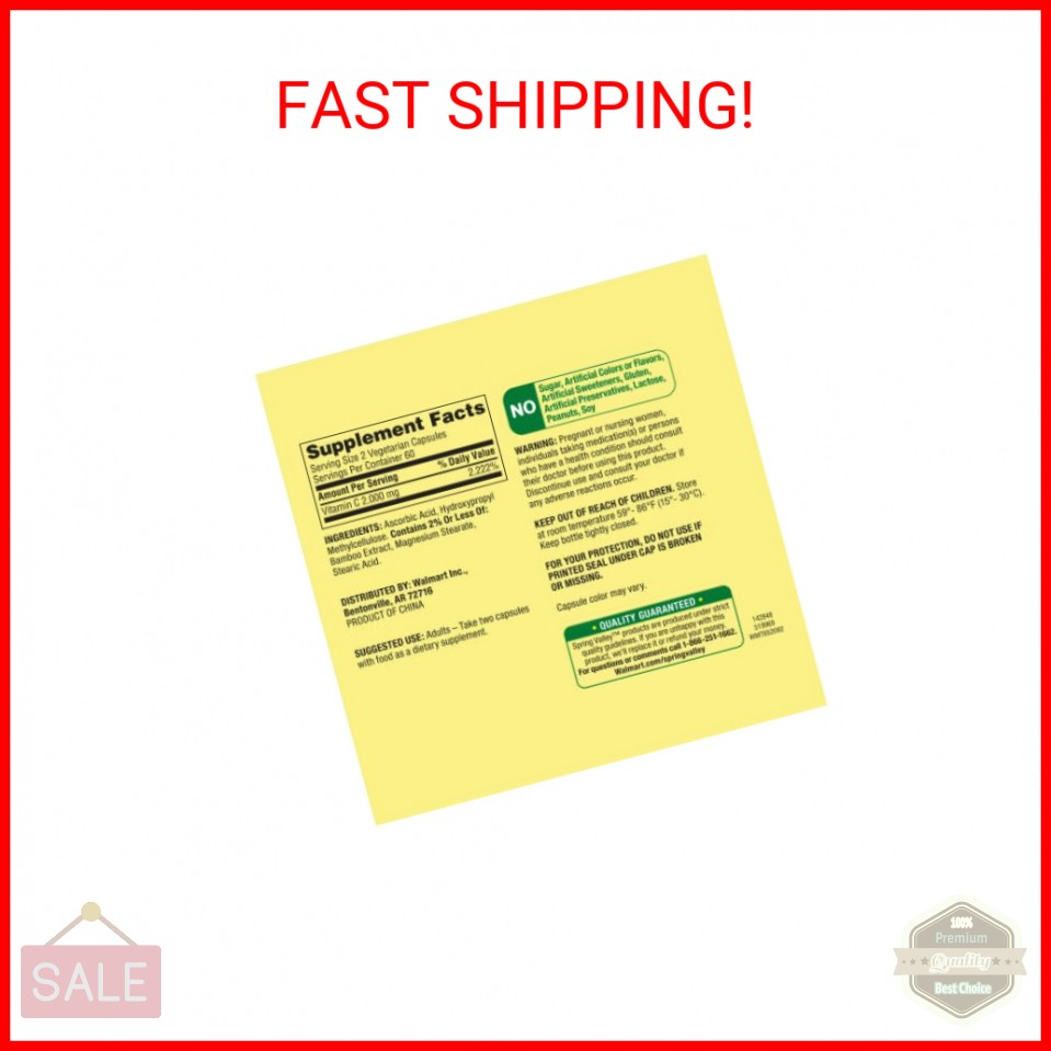 Ultra Strength Vitamin C Capsules Dietary Spring Valley Supplement, 2,000 mg, 12