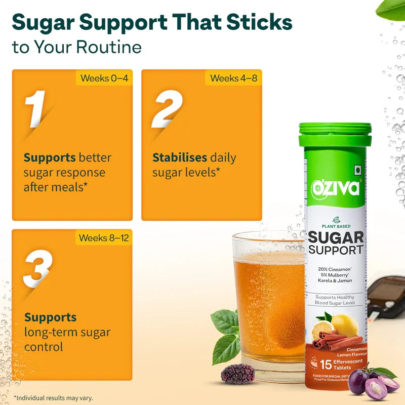 OZiva Plant Based Sugar Support Effervescent With Reducose, 15 Tablets