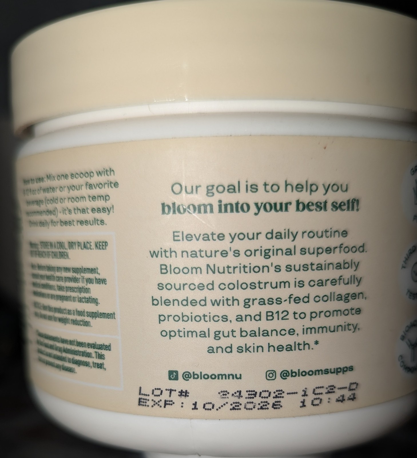 Bloom Colostrum & Collagen Peptides Powder Orange Cream Grass Fed 4.23oz 25