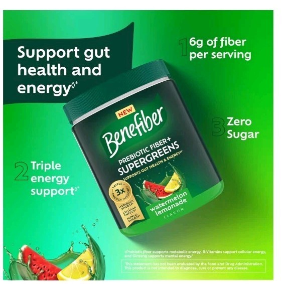 Benefiber Prebiotic Fiber Supergreens Watermelon Lemonade 8.8oz 6/2027 NEW $30