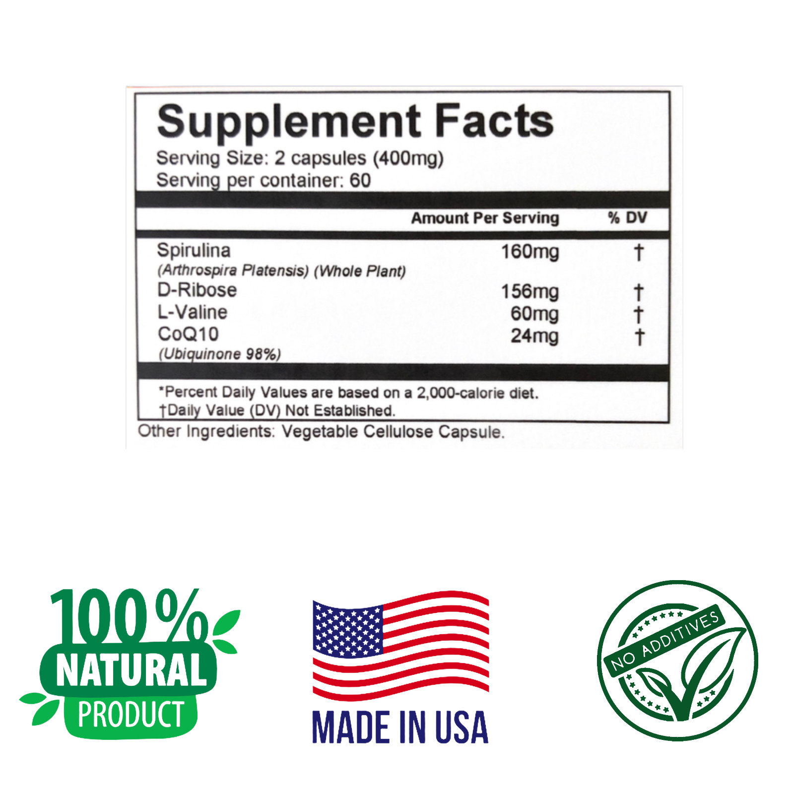 SPIRULINA 120 capsules L-Valine, D-Ribose, CoQ10, B biomedical Formula, Increase