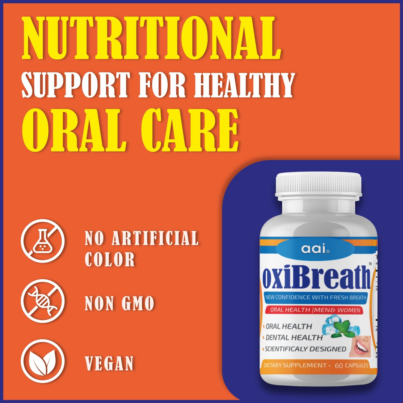 oxiBreath Bad Breath Freshener, Dental Oral Care 60 Pills Gut Health, Halitosis
