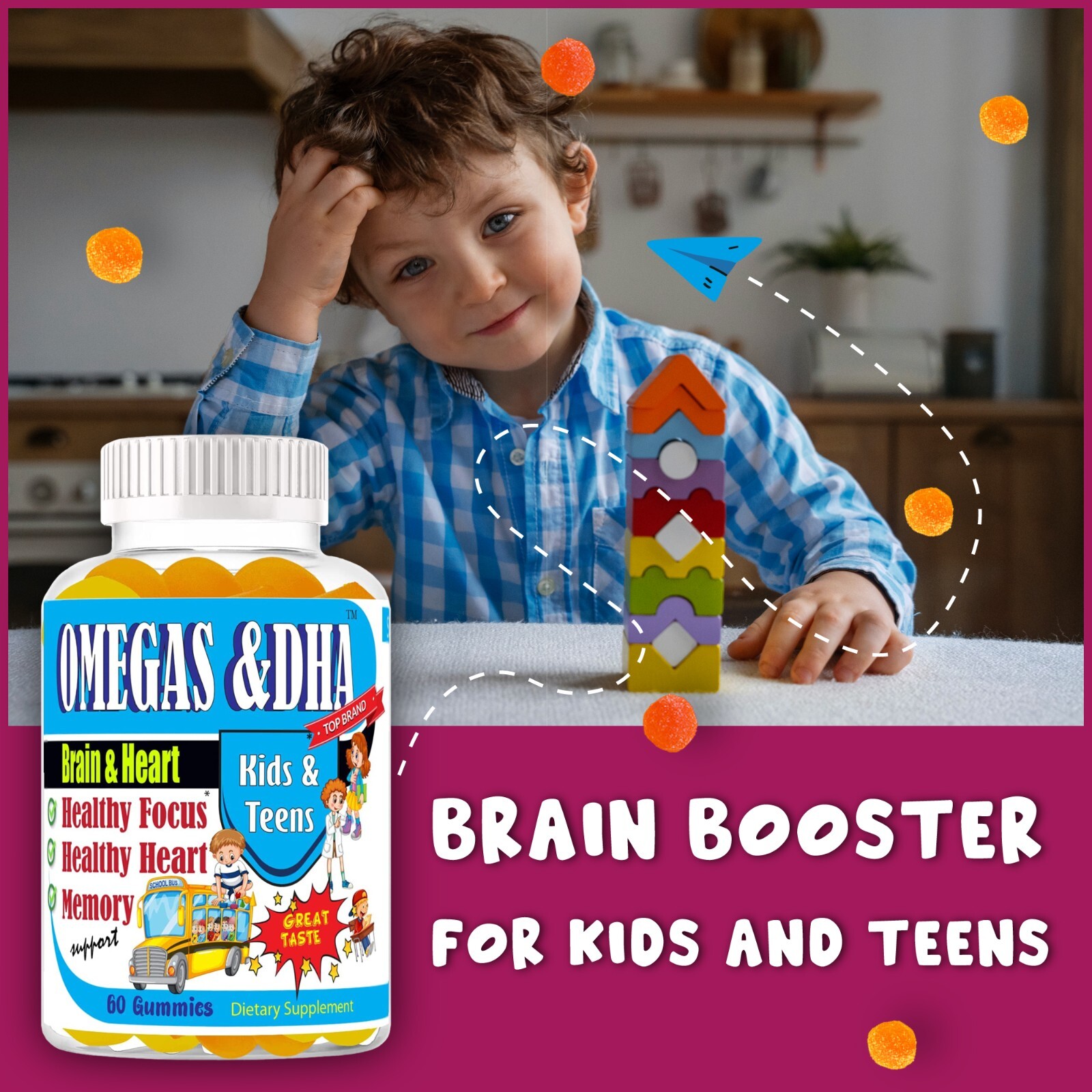 Kids Brain Supplements, Nootropic for Memory, Focus and Concentration, Omega 3