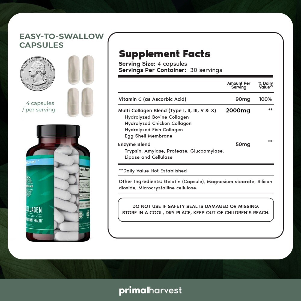 Primal Harvest Multi Collagen Overall Health120 Caps 3 Bottles(I, II, III,V,X)