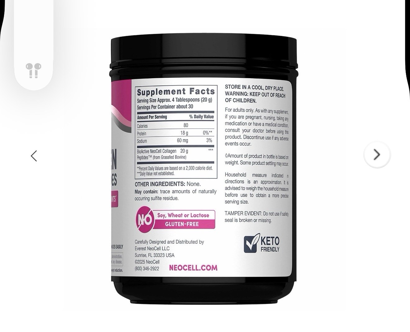 NeoCell Grassfed Collagen Peptides Powder Unflavored Keto Friendly 21.1 oz