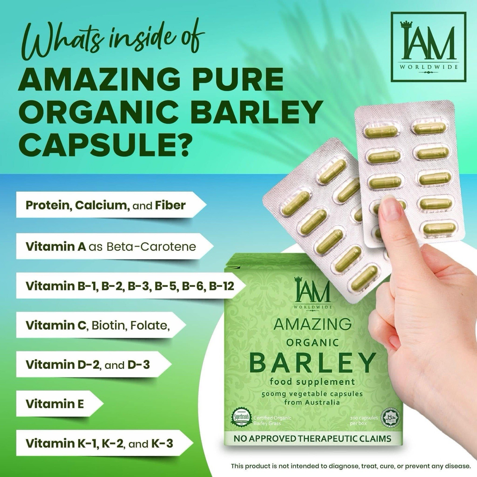 IAM Amazing Pure Organic Barley Capsule 100 Capsules 1 Box EXP. 2027