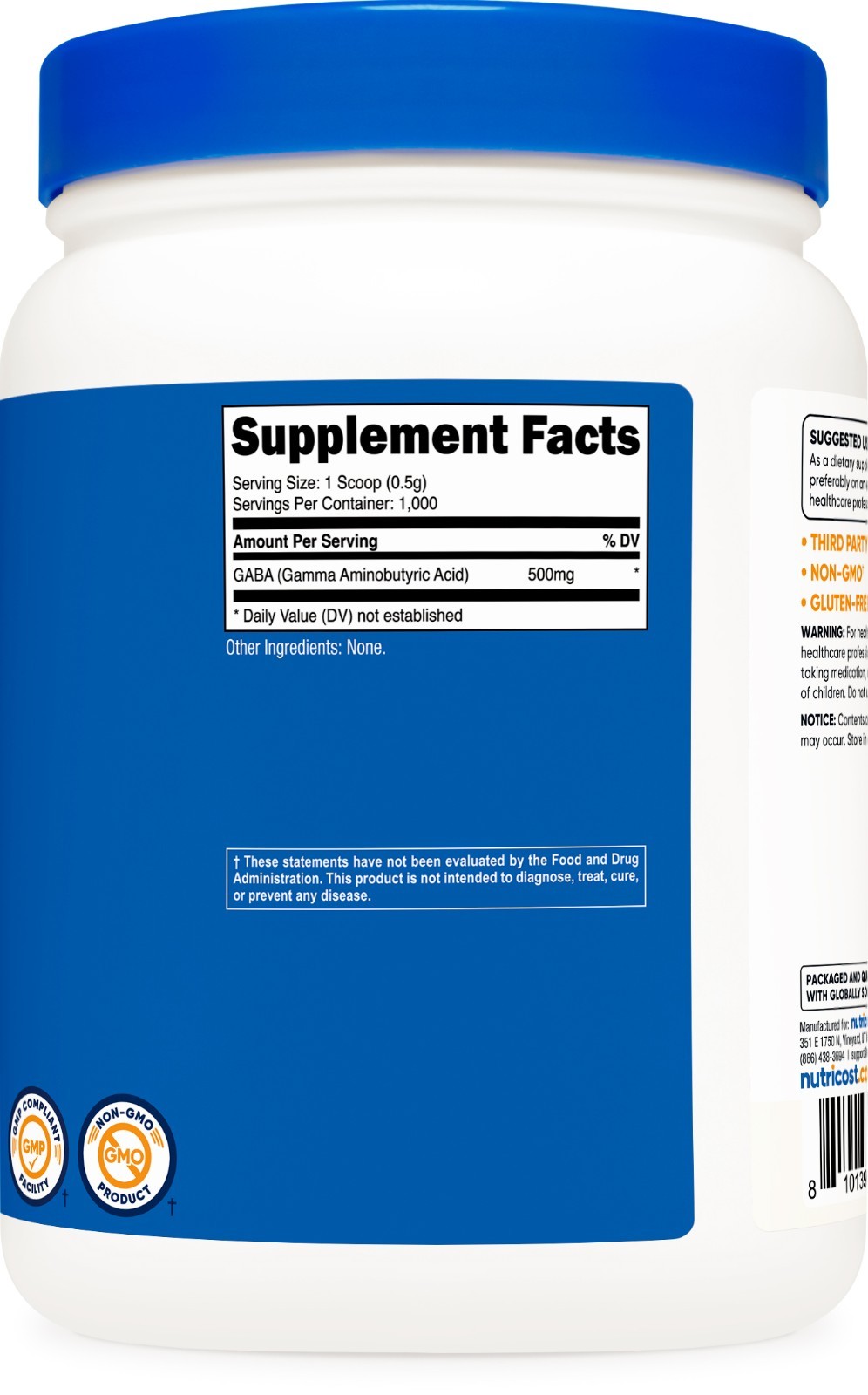 Nutricost Pure GABA 500g Powder (Gamma Aminobutyric Acid) 1,000 Servings