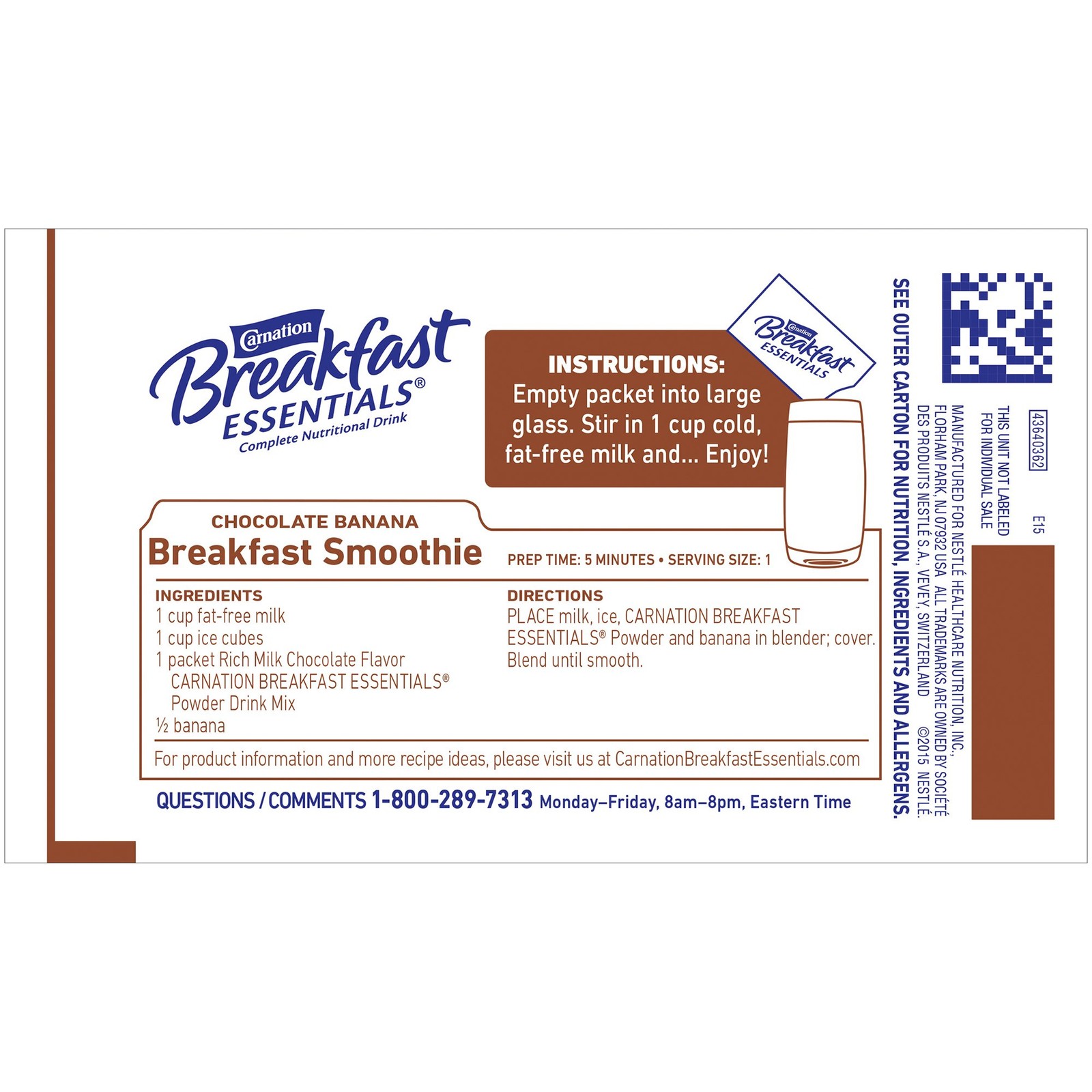 Nestle Carnation Breakfast Essentials Complete Nutritional Drink Chocolate 60 Ct
