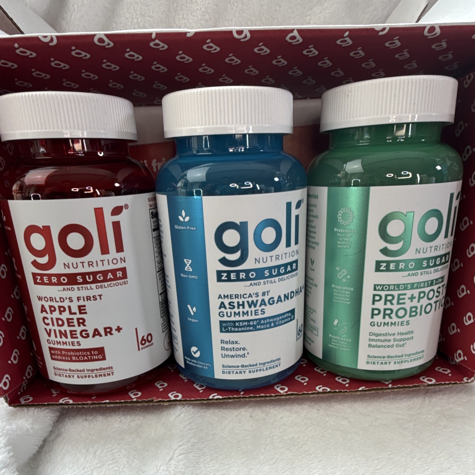 Goli Zero Sugar Vegan Gummies 3-Pack ACV Ashwagandha Probiotics 60 Count
