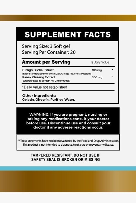 Ginkgo Biloba + Ginseng- Extra Strength -Energy and Memory- 60 Soft gels