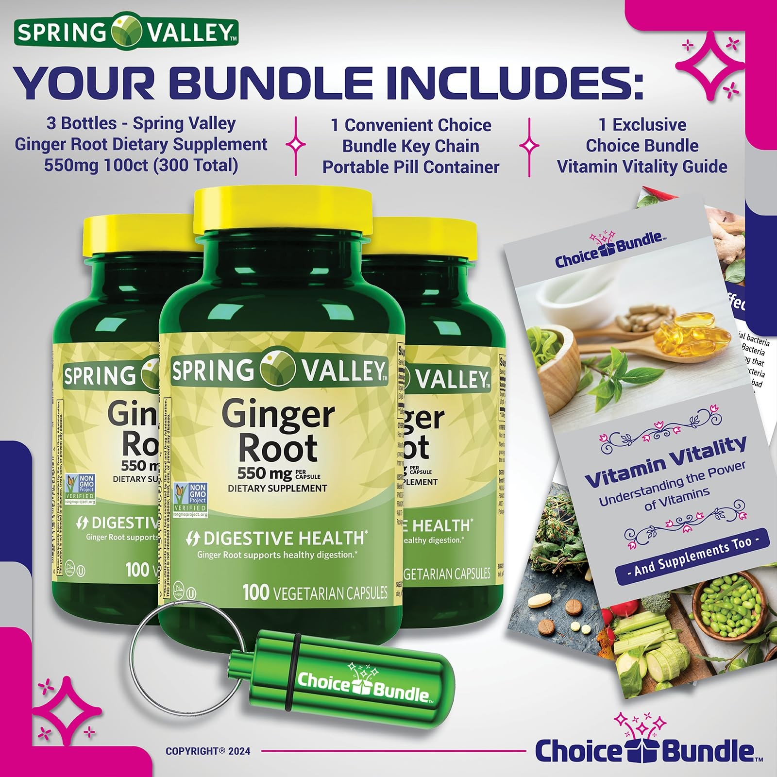 Spring Valley Ginger Root 550mg 300 Caps (3 Pk 100ct) + Vitality Vitamin & Case
