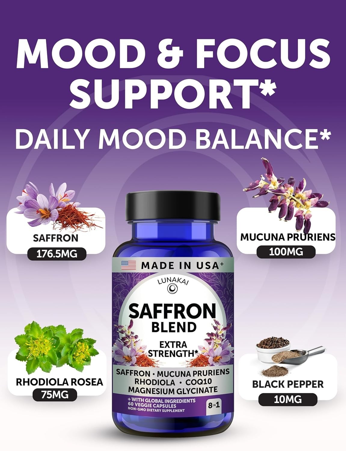 TWO BOTTLES Lunakai USA Made Saffron Blend Extra Strength SUPPLEMENT