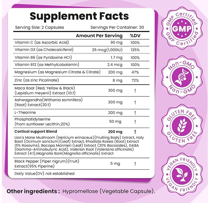 FURGGNEO Cortisol Supplement 18-in-1 Stress Mood Sleep Support 60 Vegan Caps