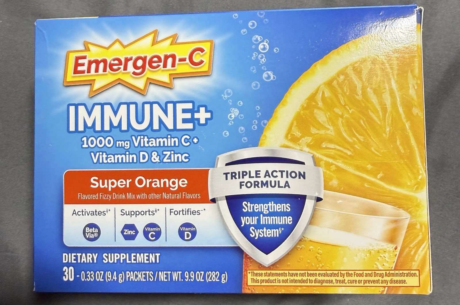 Emergen-C Immune+ Super Orange 30 Packets 1000mg Vitamin C D Zinc Exp 04/2027